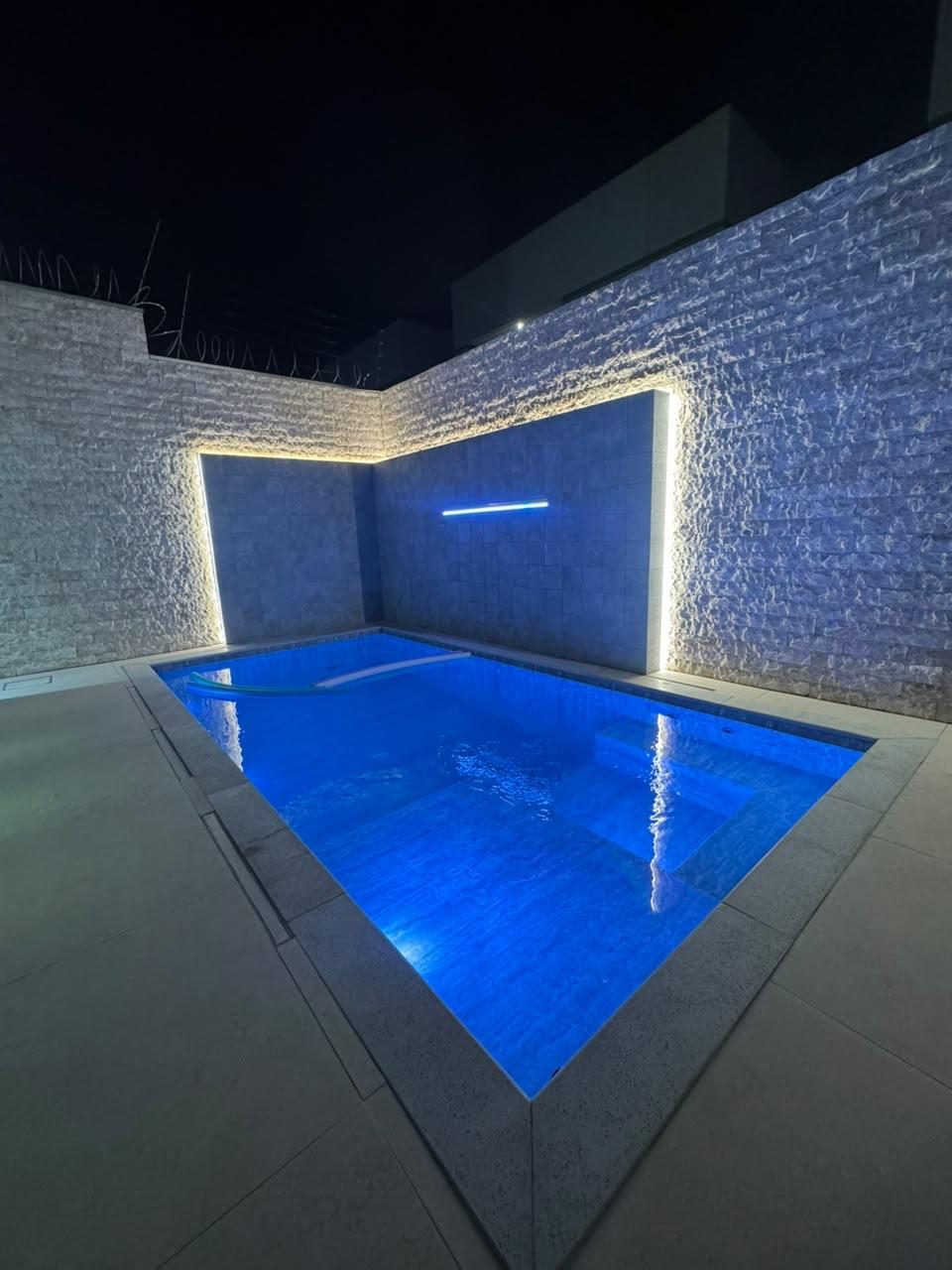 Piscina com LED e parede de pedra